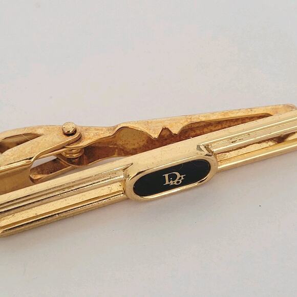 Christian Dior Tie Bar Clip Clasp Gold Black Tone Logo Vintage Designer Germany - Picture 2 of 5